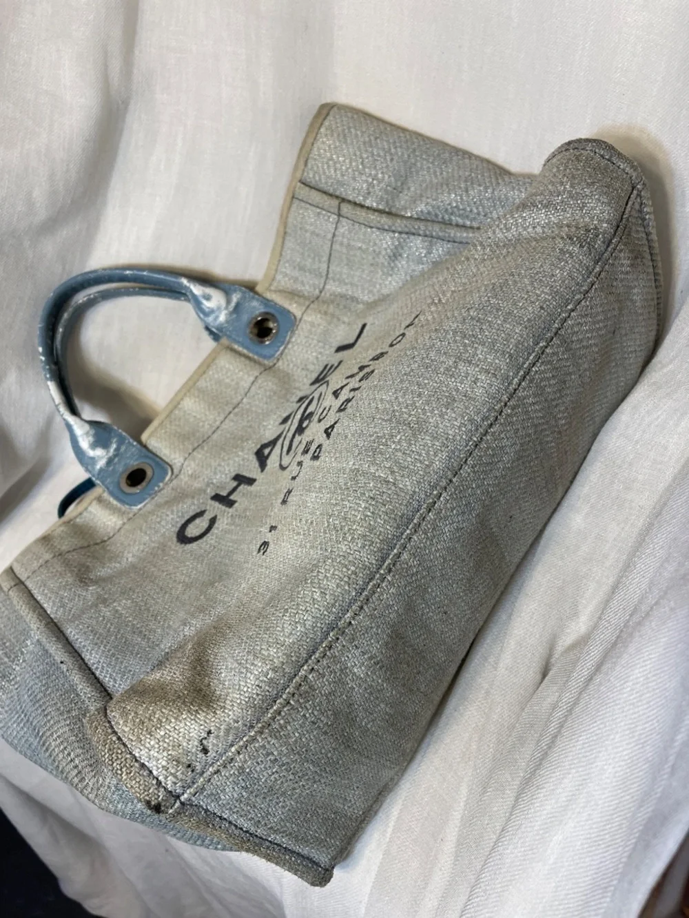 CHANEL Beige Canvas Tote with Blue Handles